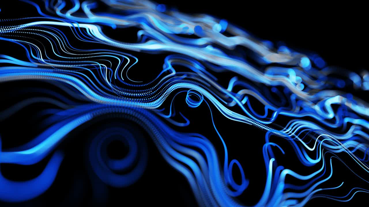 Abstract 3d looped background with lines form swirling pattern like curle noise with light streaks. Flow of particles forms curled lines like blue glow trails. Beautiful swirls of lines as abstract bg
