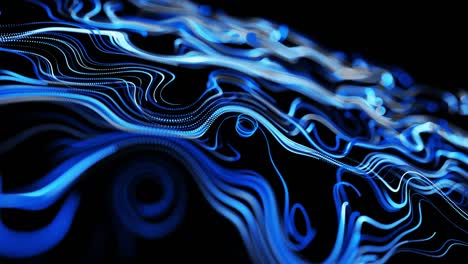 abstracto fondo en bucle 3d con líneas que forman un patrón giratorio como ruido de rizos con rayas de luz. el flujo de partículas forma líneas rizadas como senderos de brillo azul. hermosos remolinos de líneas como bg abstracto