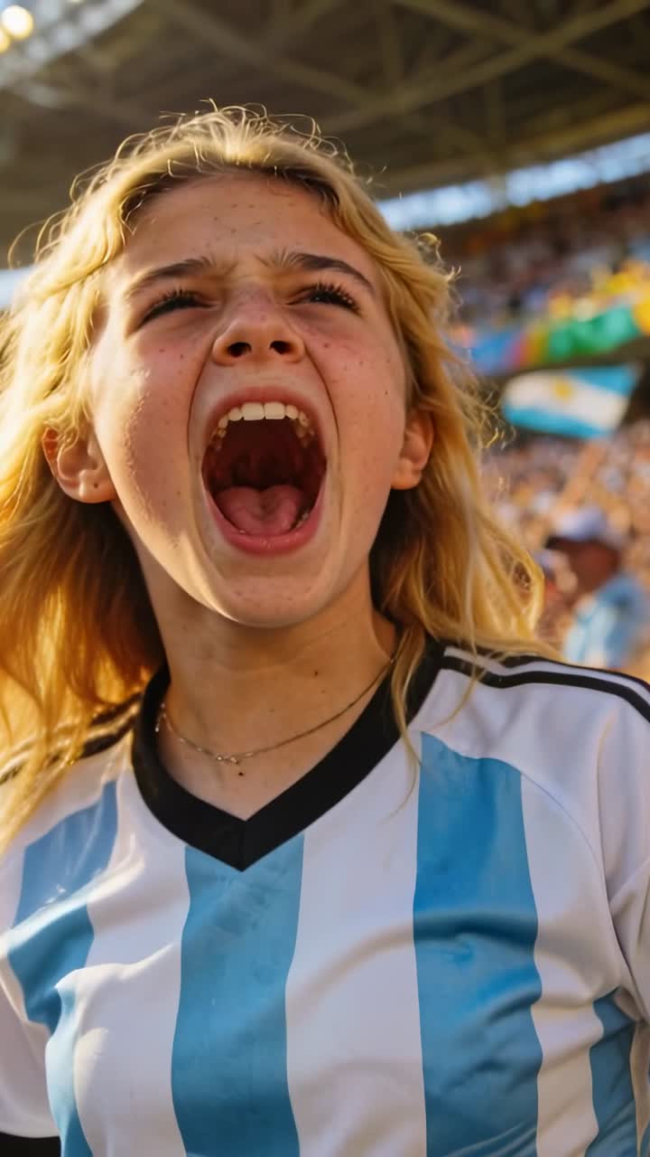 Video verticale: Tifosa che esulta dopo un gol, alzando le braccia e urlando nello stadio, con la maglia dell'Argentina