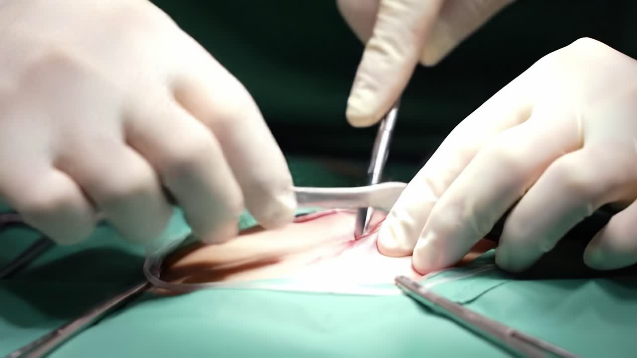 A close-up view of a surgical procedure highlights skilled hands using instruments to perform an operation. The setting is strictly sterile, emphasizing professionalism and care.