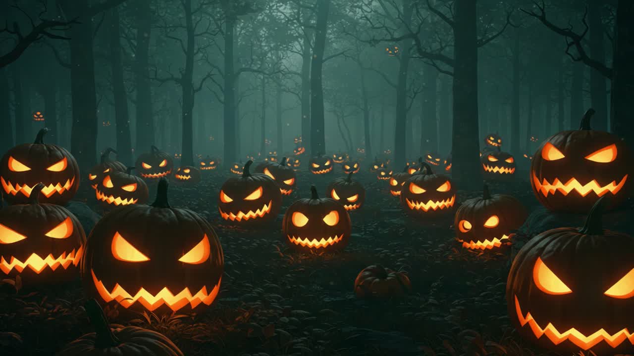 A Spooky Forest Filled with Glowing Jack-o'-Lanterns: An Eerie Atmosphere Sets the Scene for a Haunting Halloween Night with Chilling Shadows and Flickering Lights