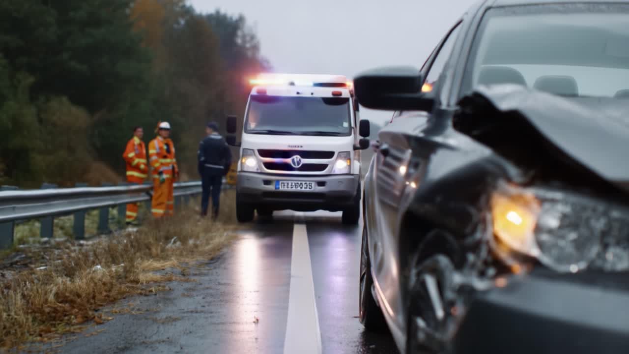 Equipe de resgate atendendo a uma cena de colisão em uma rodovia chuvosa com um veículo danificado e uma ambulância ao fundo.