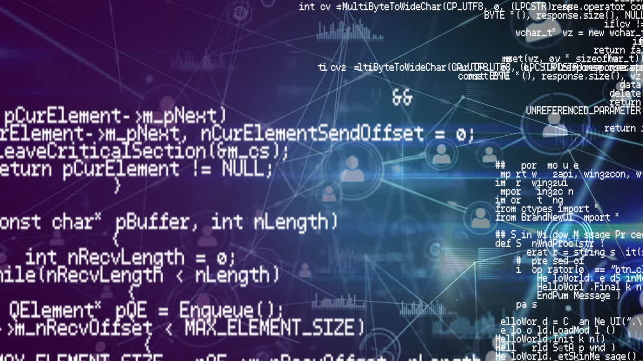 Animation of network of connections over data processing on black background