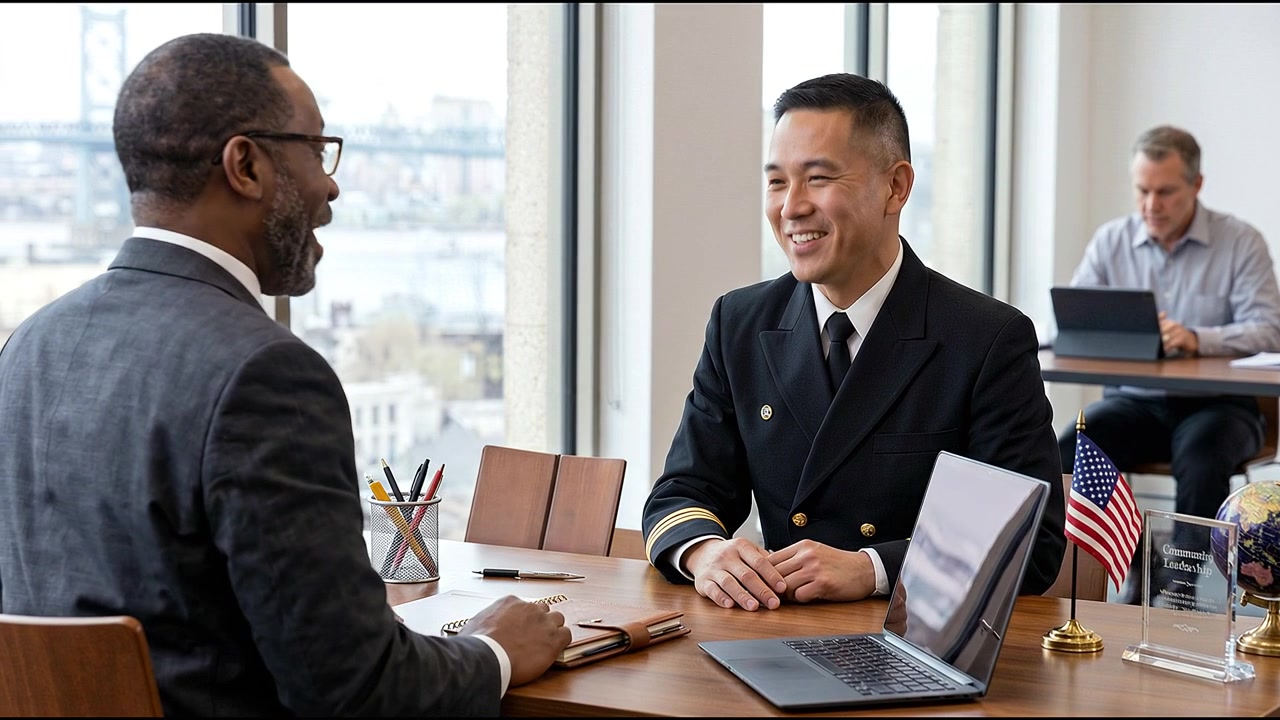 Corporate Executive Shaking Hands With Uniformed Officer During Formal Business Meeting