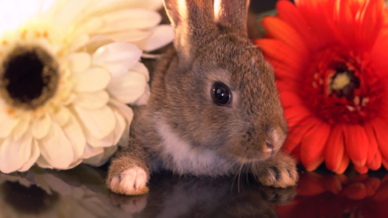 아기 토끼들이 검은 바탕에 앉아 있습니다.