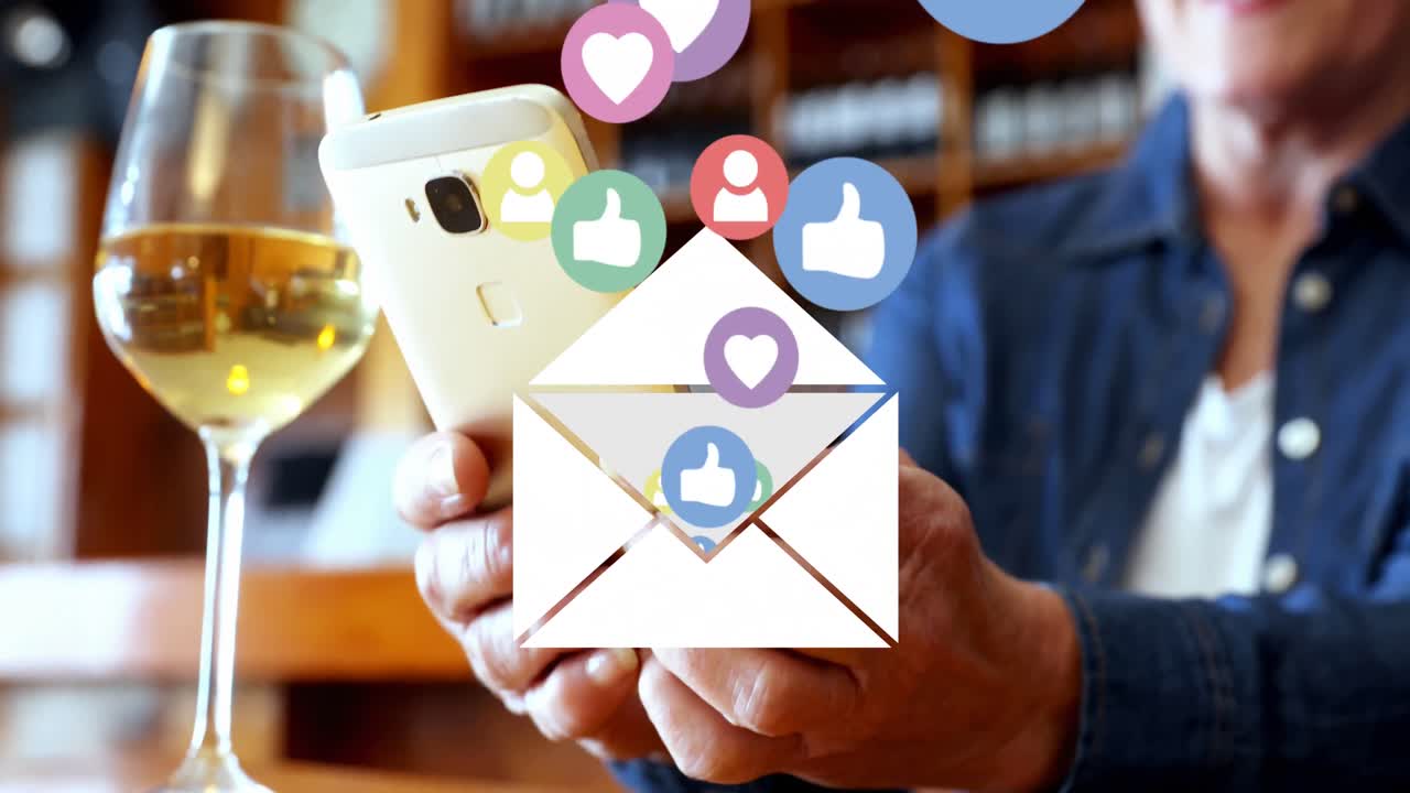 Digital icons floating out of envelope against senior woman using smartphone