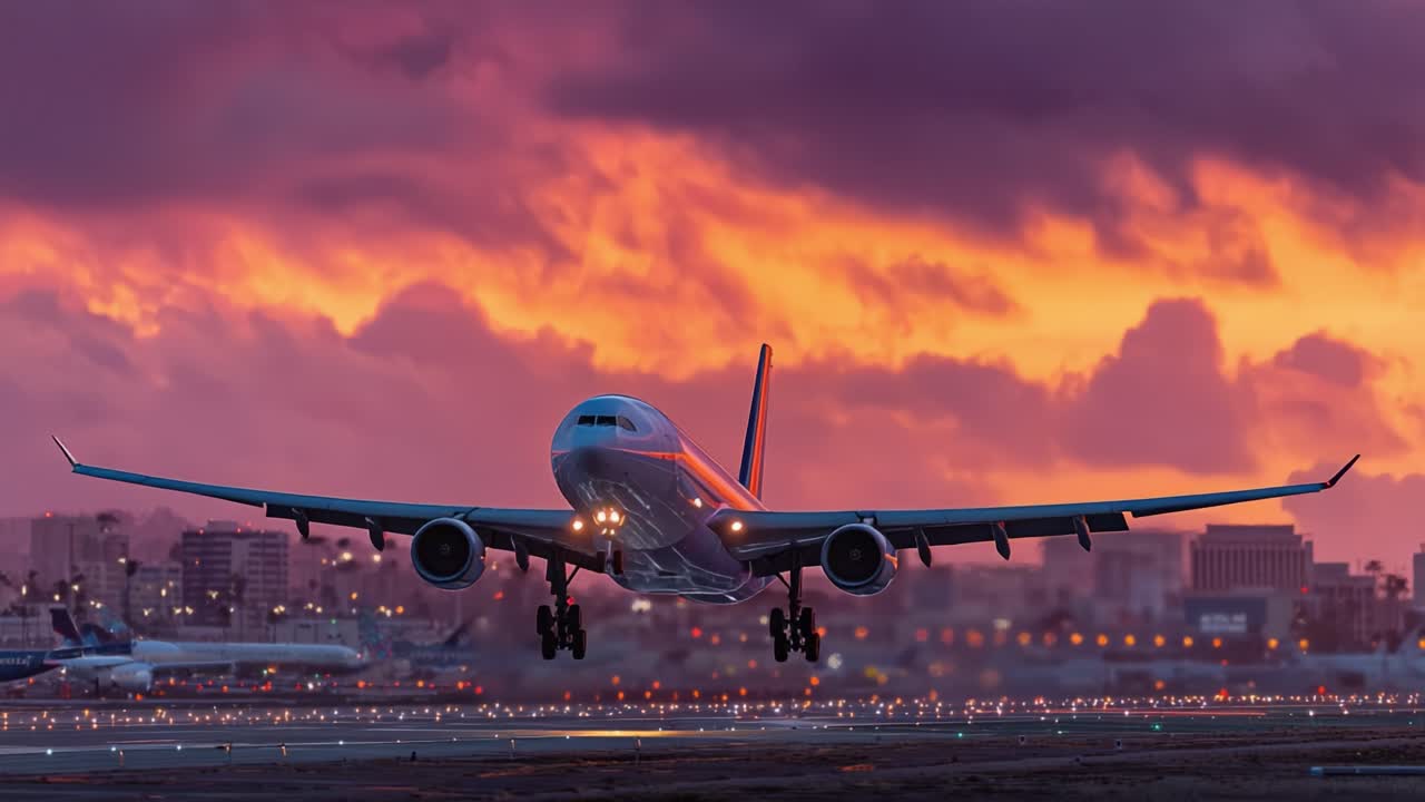 An Aircraft Approaches for Landing Against a Stunning Sunset Sky, Showcasing the Intricate Details of Aviation During a Breathtaking Dusk Horizon