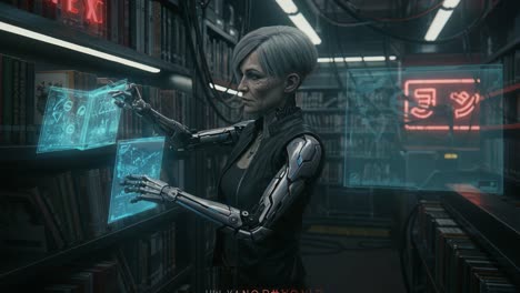 futuristic librarian utilizing holographic technology to access information in a high-tech archive environment with neon elements and a robotic aesthetic