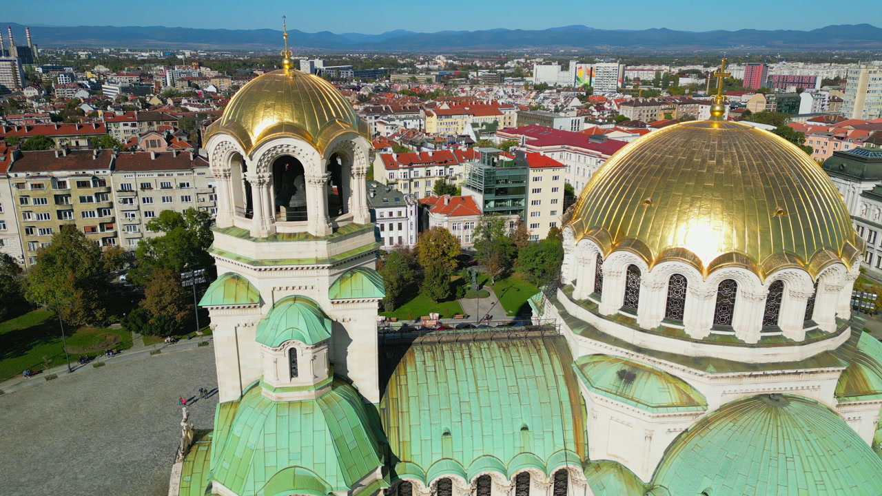 Golden domes and bell tower of Alexander Nevsky Cathedral in Sofia, Bulgaria