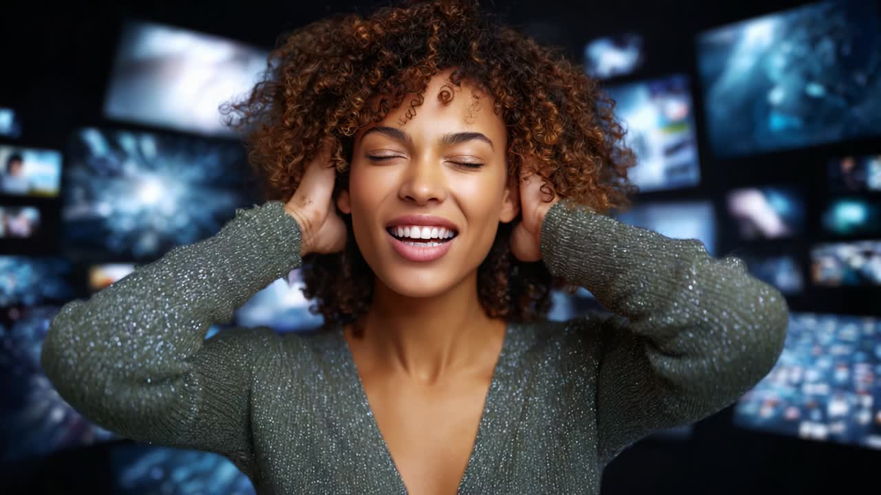 En glad kvinne med krøllete hår smiler og holder for ørene mens hun er omgitt av en digital skjerm med lyse og engasjerende bilder, som viser en fargerik og levende atmosfære som fremmer lykke og positivitet
