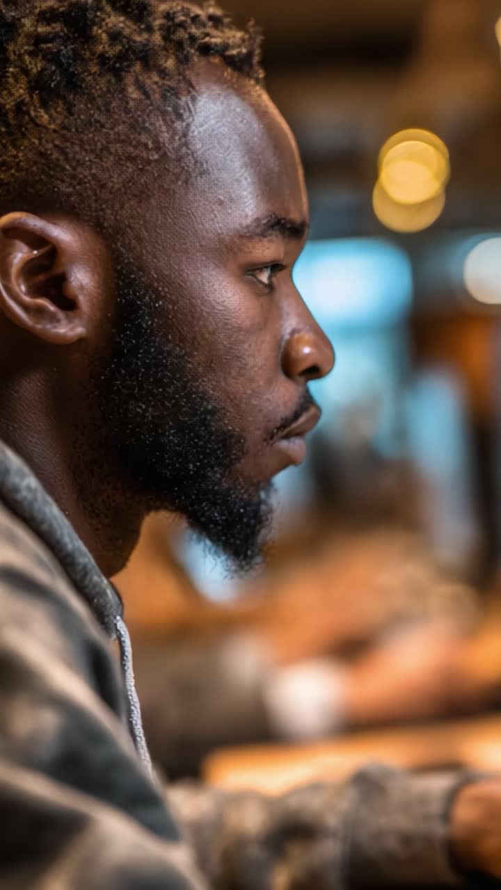 A Side Profile of a Young Man Deep in Thought While Working on a Computer, Set Against a Softly Blurred Background of Light and Activity