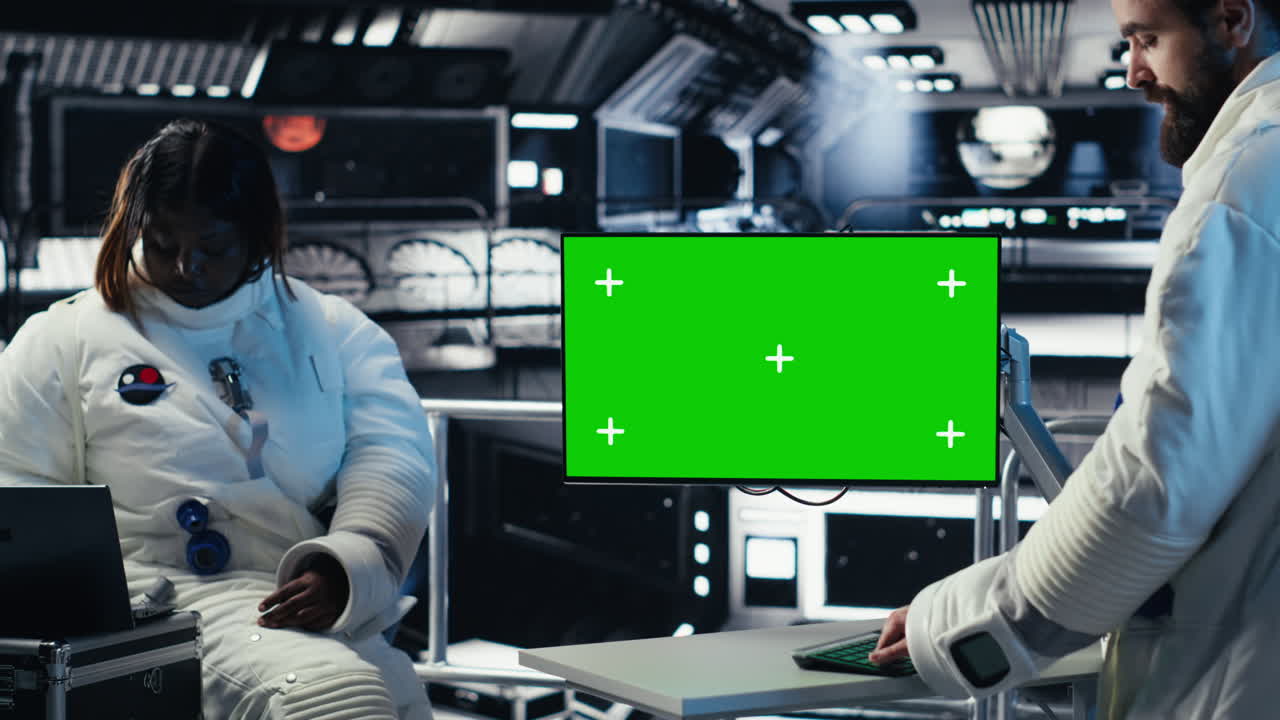 Researchers flying together in starship, looking at green screen monitor