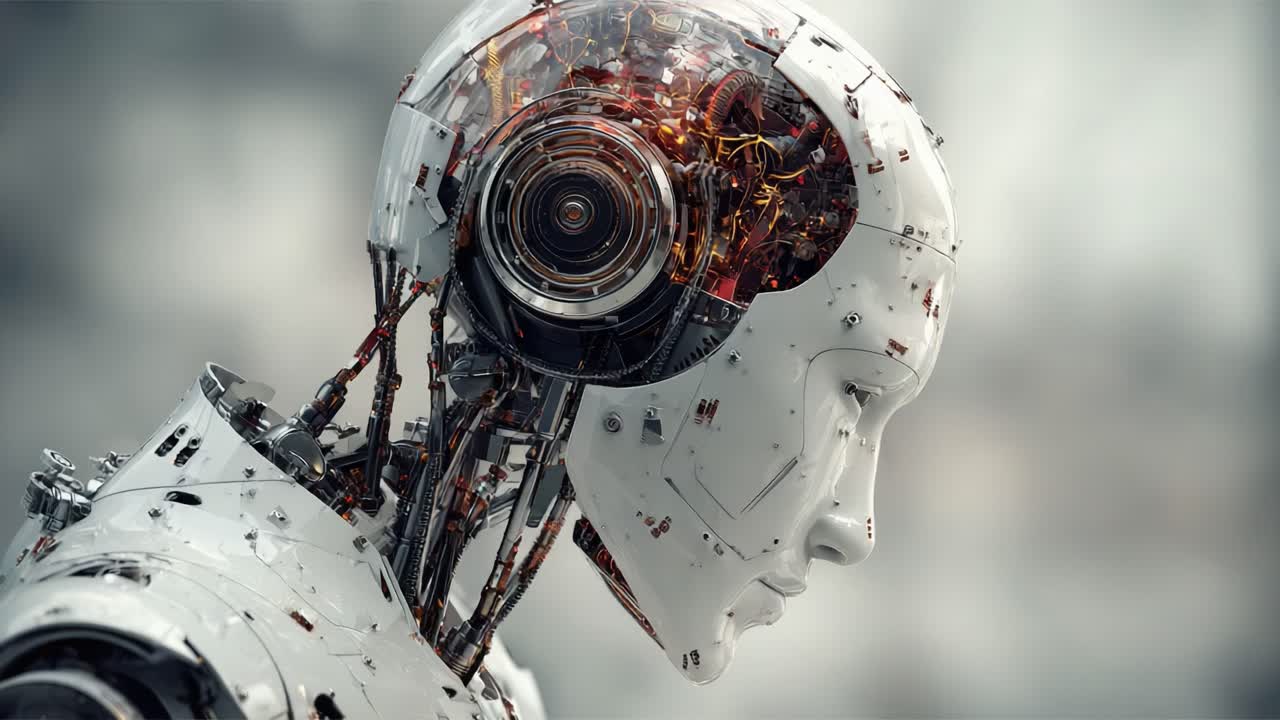 Exploring the Intricacies of a Futuristic Android: A Close-Up View of a Humanoid Robot's Complex Design and Advanced Technology