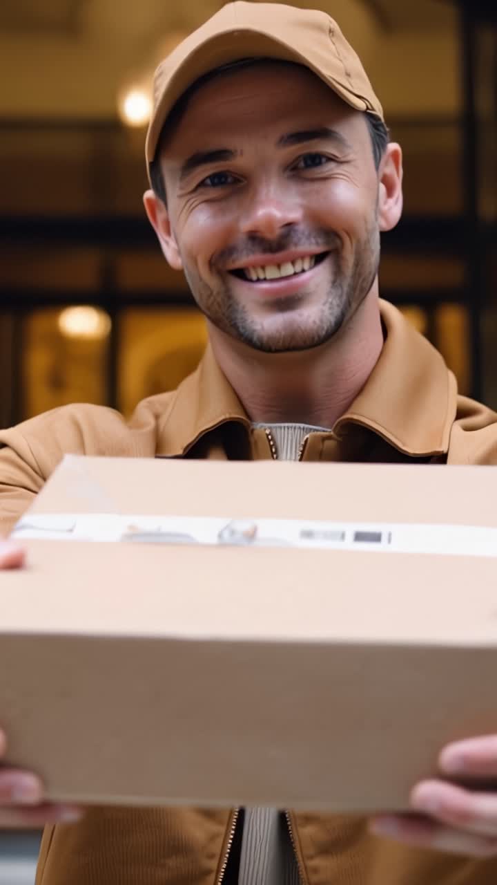 Un repartidor sonriente entrega un paquete marrón, capturando la alegría del servicio con una actitud amable y apariencia profesional en un ambiente cálido.