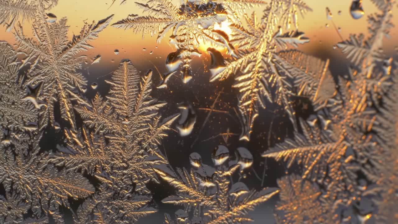 Delicate Frosted Patterns Framing a Beautiful Sunset Through a Window, Showcasing Nature's Artistry with Intricate Ice Crystals and Glimmering Raindrops