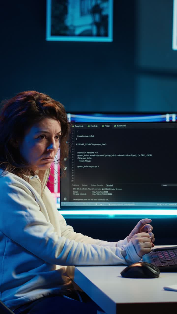 Vertical video Programmer checking code on computer monitor and AR visualization