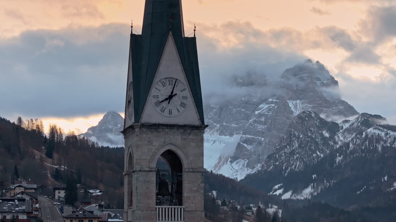 Aerial drone view of the San Lorenzo Church in the Selva di Cadore comune, in the Dolomites, Italy
