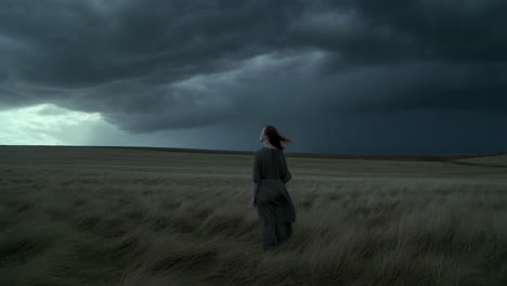 woman standing in a stormy field