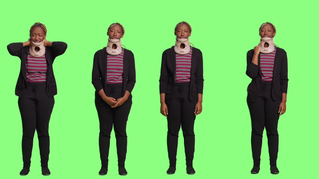 Woman wearing a neck brace on green screen
