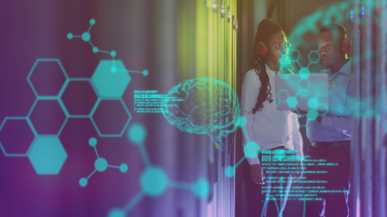 animación del procesamiento de datos sobre trabajadores afroamericanos en la sala del servidor