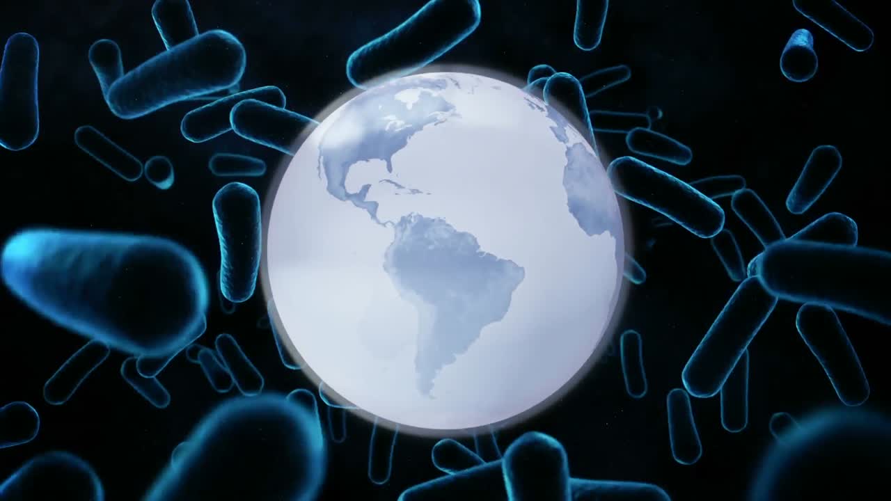 animación de bacterias azules y virus con el mundo globo