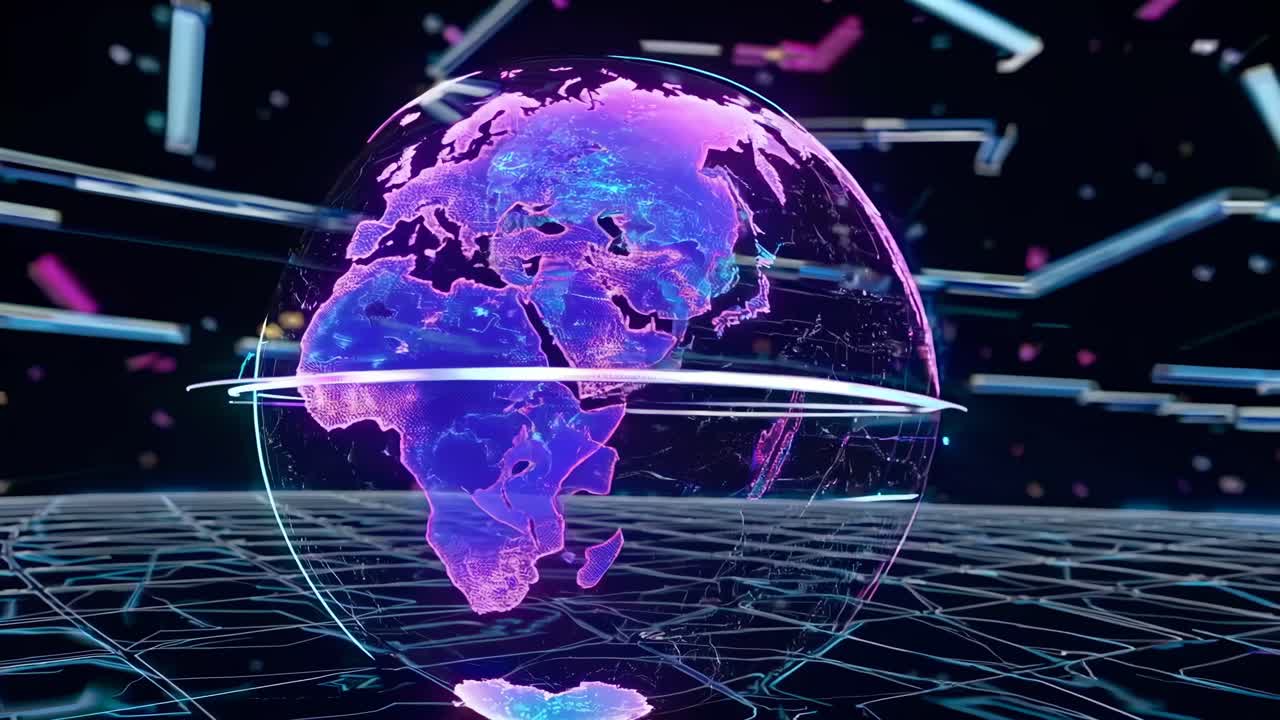 Futuristic video concept of a glowing digital globe hovering over a grid