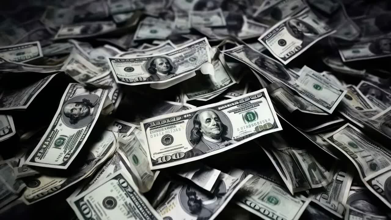 Close-up video shot of scattered US dollar bills, creating a dynamic, chaotic feel