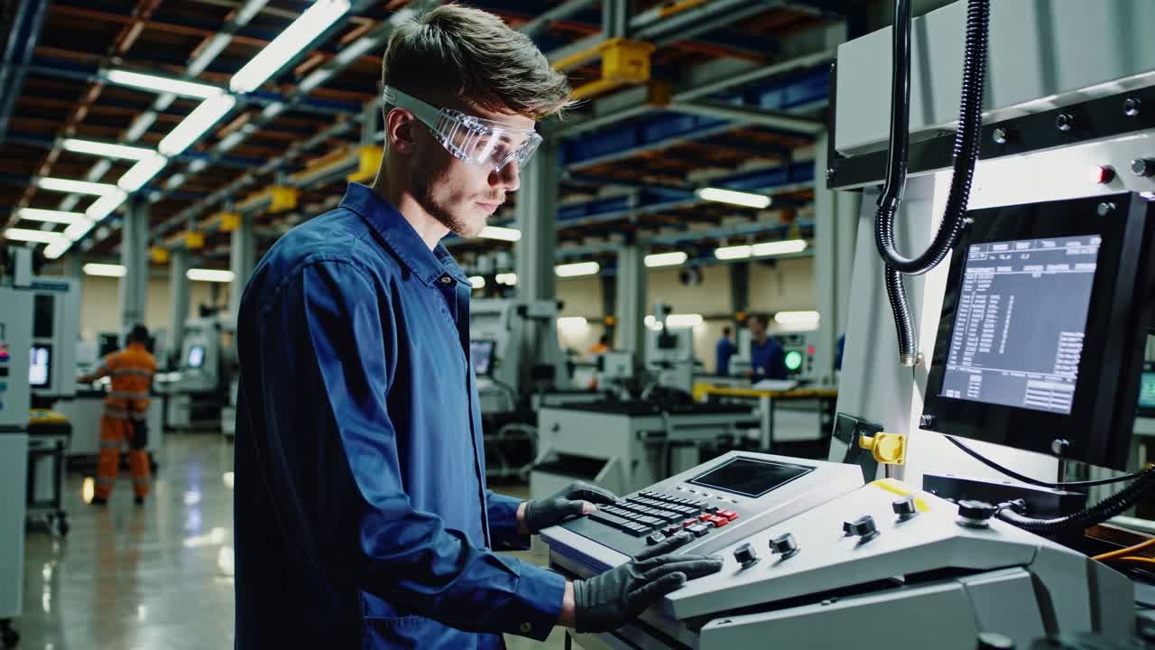 Factory Worker Operating Industrial Machine