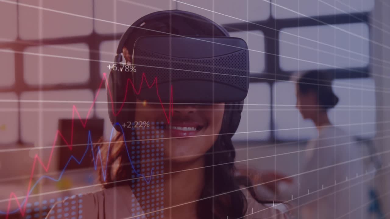 Animation of financial data processing over business people using vr headsets