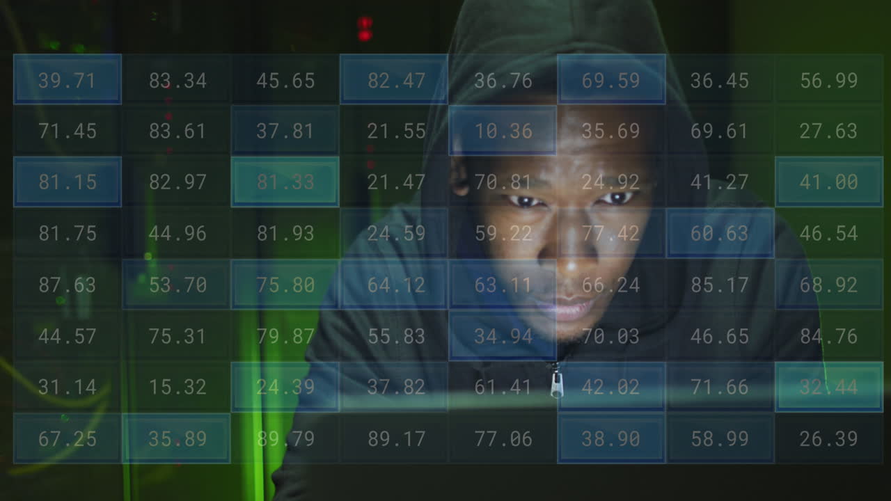 Animation of financial data processing over african american male hacker by computer