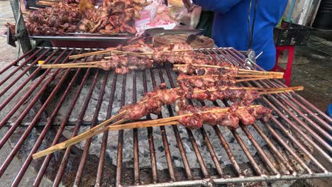 person grilling chicken skewers over charcoal