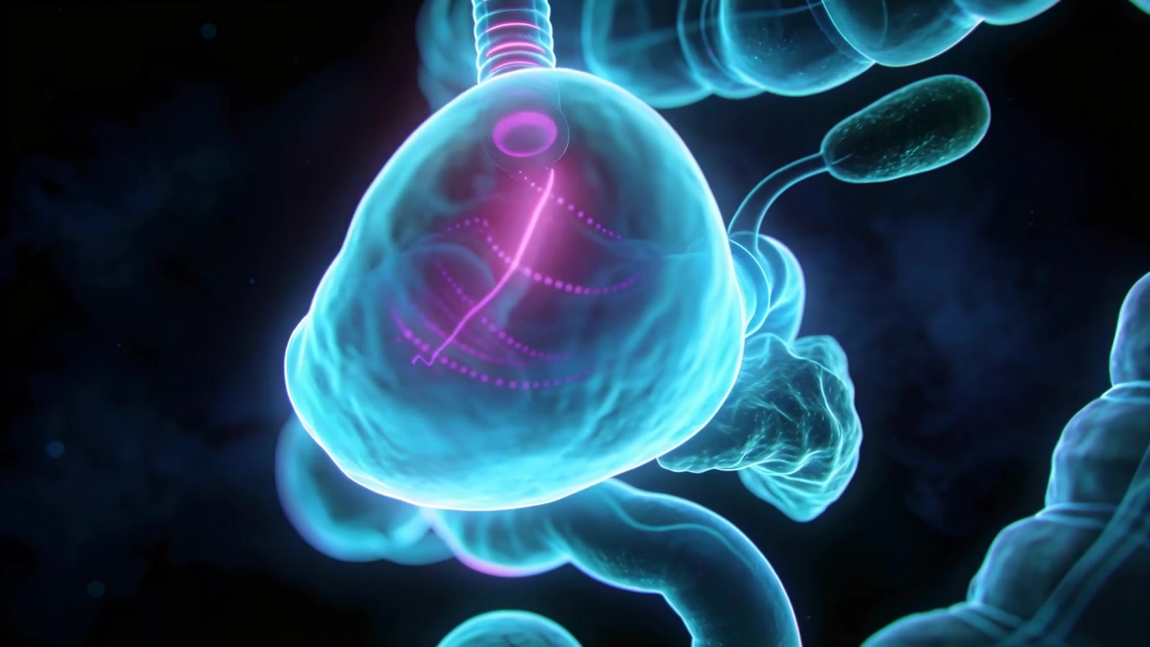 Telecamera rotante che mostra uno stomaco ciano con linee magenta pulsanti, esofago e piloro per uno studio medico.