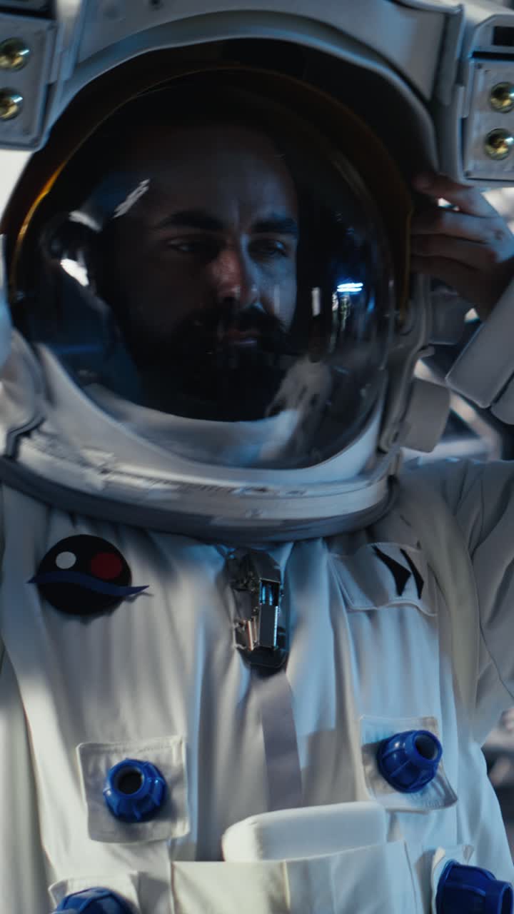 Vertical video Cosmonaut using tablet in spaceship conducting safety checks during expedition