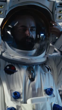vertical video cosmonaut using tablet in spaceship conducting safety checks during expedition