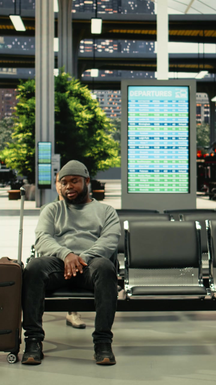 African American man traveling solo in crowded bus terminal
