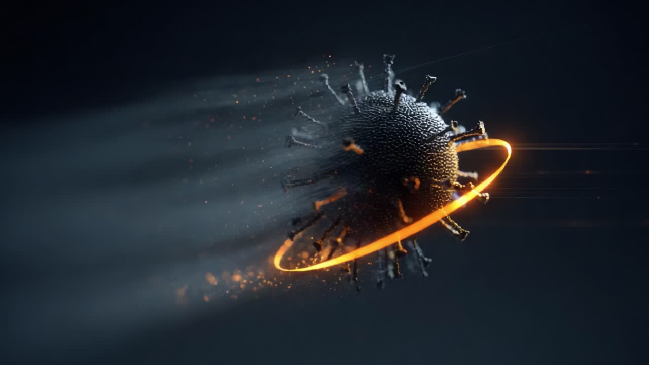 Dynamic Virus Representation with Particle Effects and Glowing Orbital Ring: A Visual Exploration of Microscopic Elements in Motion