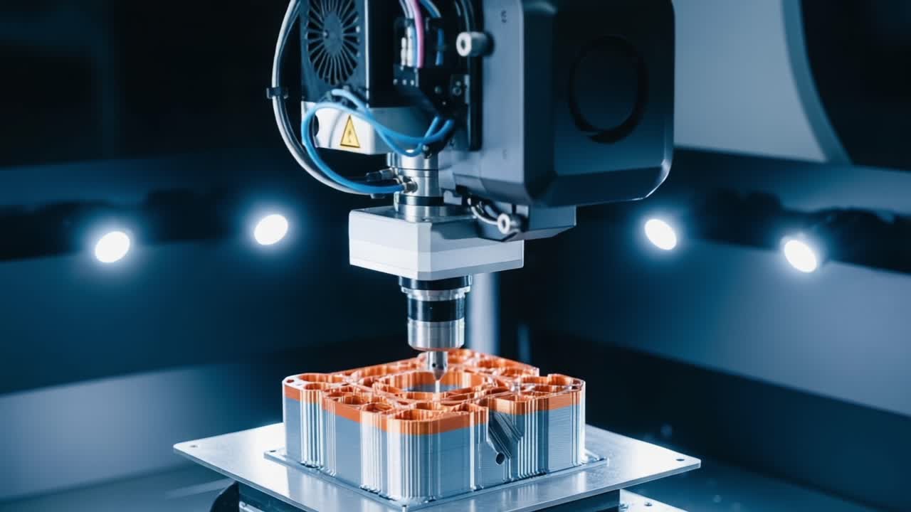 Advanced Robotic Technology in Action: A Precision Machine Processing a Complex Metallic Component with High Accuracy and Efficiency in a Controlled Environment
