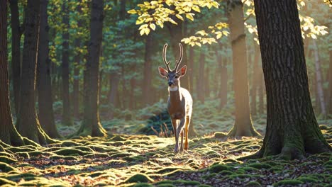 deer in a forest at sunrise/sunset