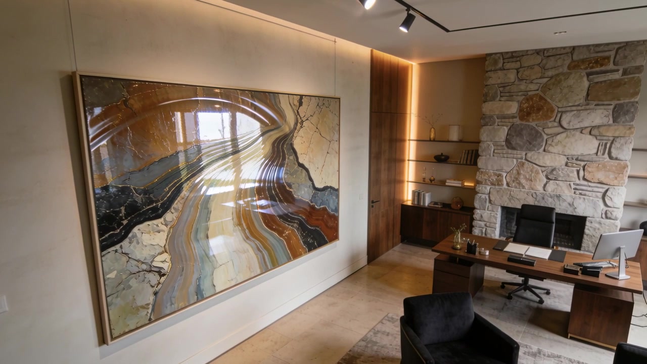 Naar rechts pannen in studeerkamer, camera onthult vloer bij bureau, veranderende lichtinval van het raam over abstract schilderij.