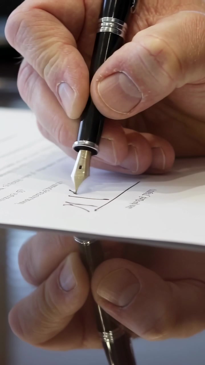 Video verticale: Individuando una scatola, una mano abbassa una penna con pennino d'oro per siglare su una scrivania d'ufficio riflettente.