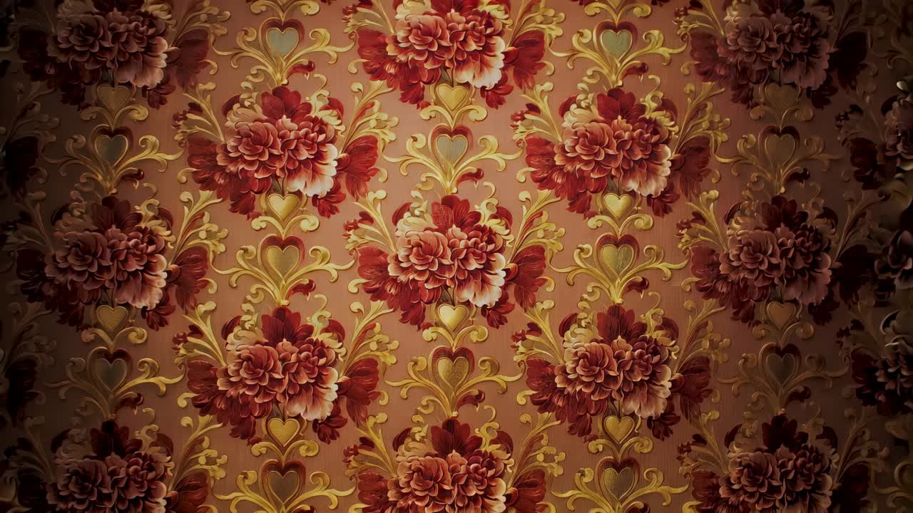 La camera zooma avvicinandosi alla parete del salotto, rivelando peonie rosse, decorazioni dorate a volute e motivi a forma di cuore
