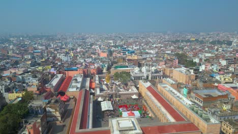 AERIAL-view-of-Dashashwamedh-Ghat,-Kashi-Vishwanath-Temple-and-Manikarnika-Ghat-Manikarnika-Mahashamshan-Ghat-Varanasi-India