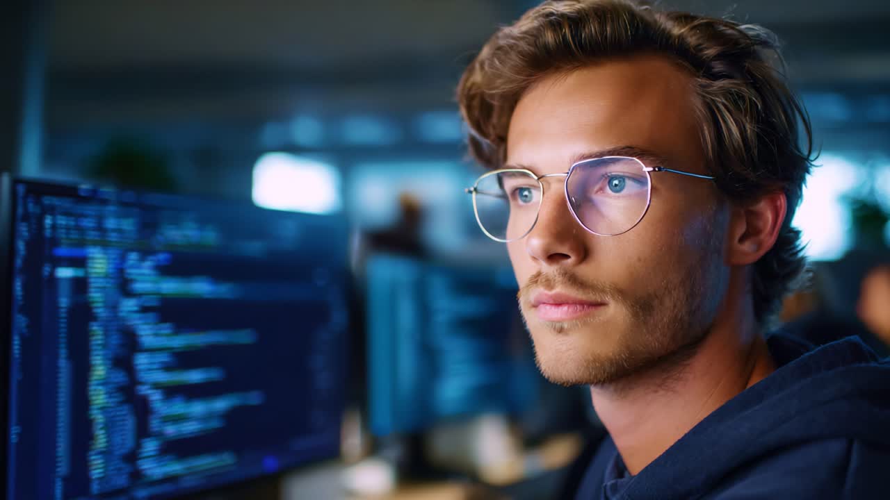 Focused Programmer Analyzing Code on Dual Monitors in a Modern Office Environment, Capturing the Intensity of Software Development and Digital Innovation