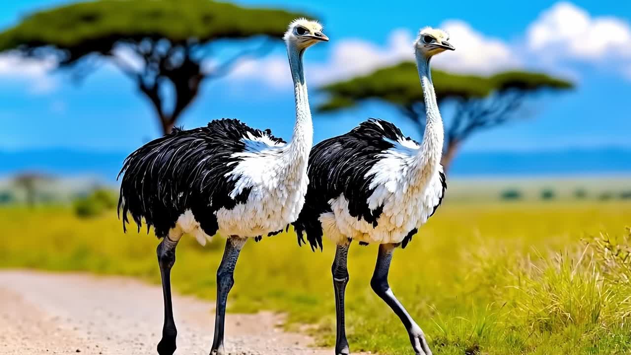 Two ostriches walking down a dirt road in the middle of a field