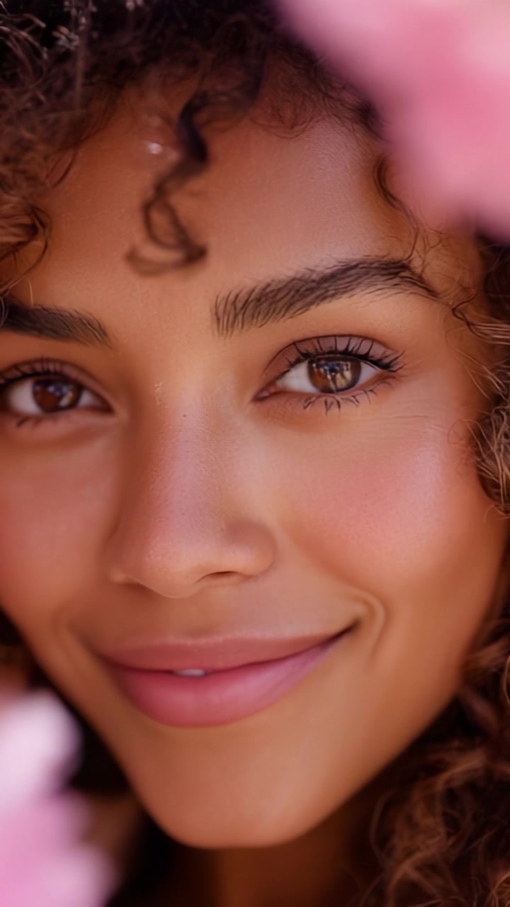 Captivating Close-Up Portrait of a Young Woman with Curly Hair Framed by Pink Flowers, Highlighting Natural Beauty and Expressive Eyes in Soft Lighting