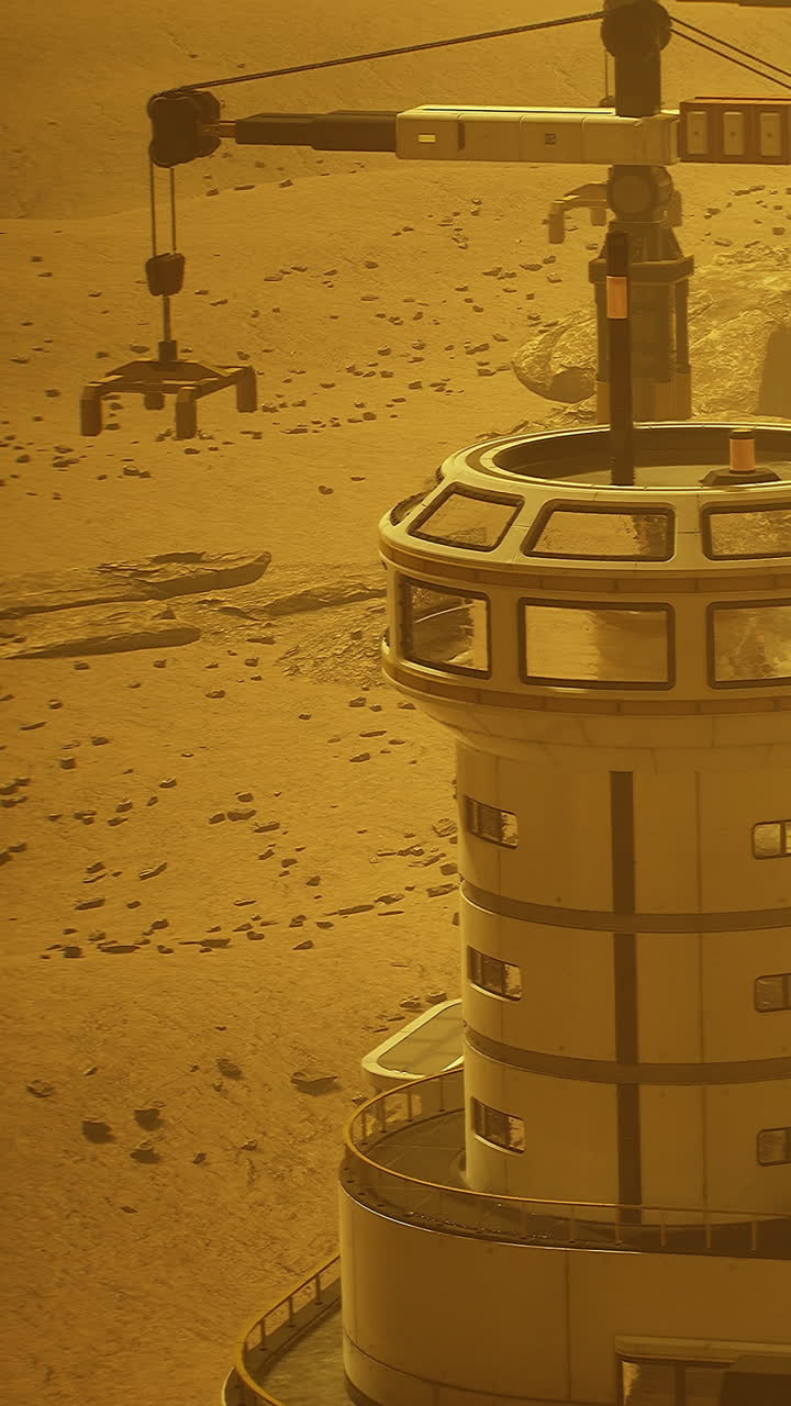 Martian landscape with futuristic structures and equipment during sunset