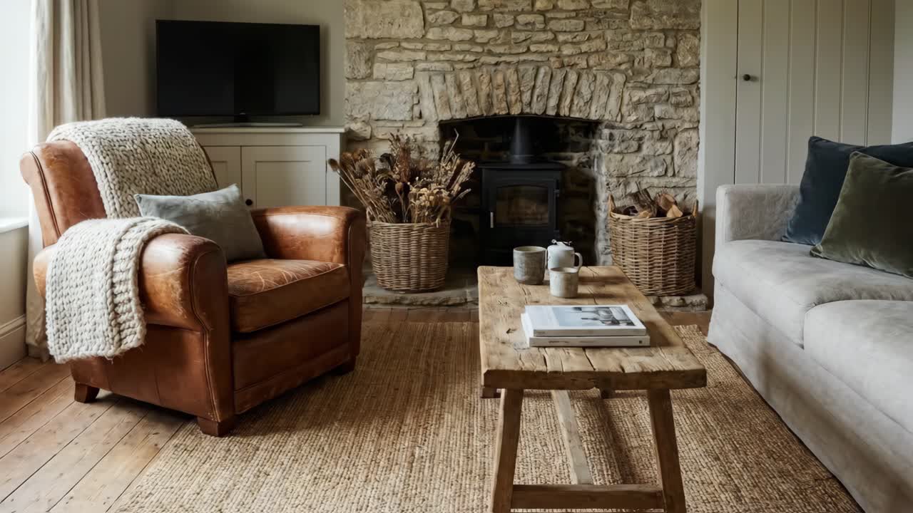 Cozy Rustic Living Room with Stone Fireplace and Wood Burning Stove