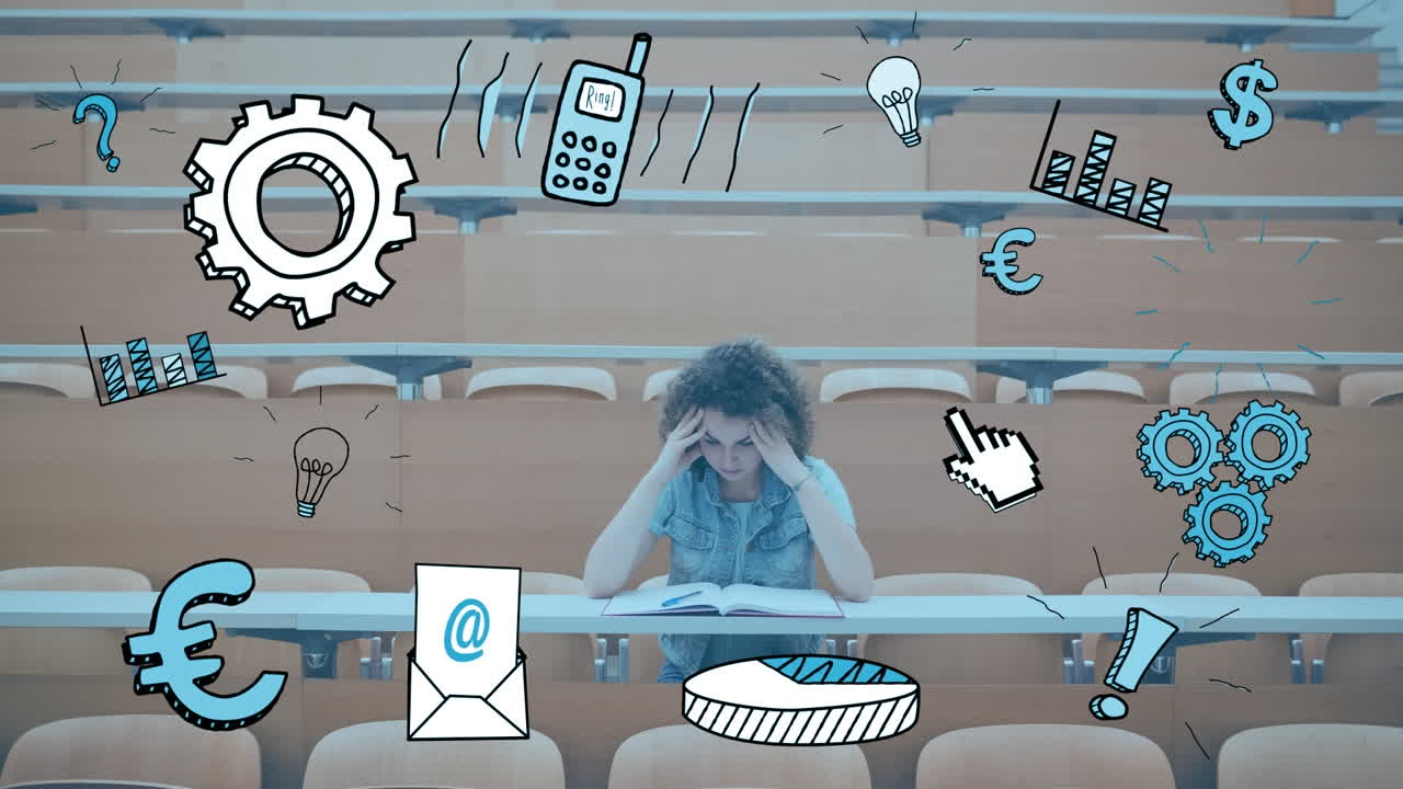 animación de la productividad y los iconos escolares sobre el libro de lectura de la estudiante caucásica.