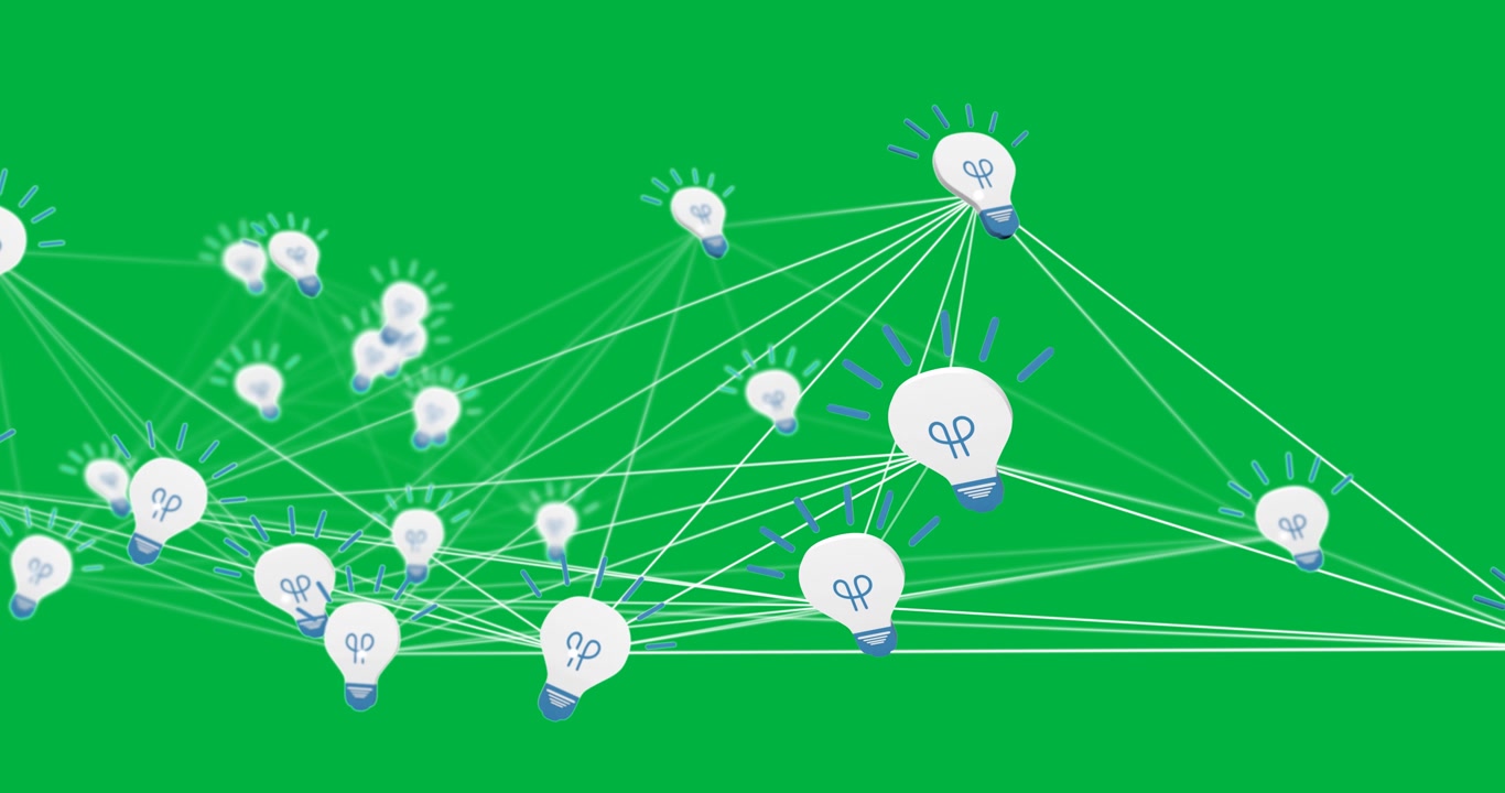 Animation of network of connections of multiple light bulbs on black background