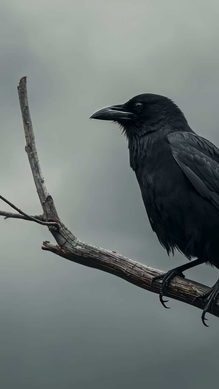 Vertical video: Perching raven turning head toward camera on bare branch, overcast sky, copy space